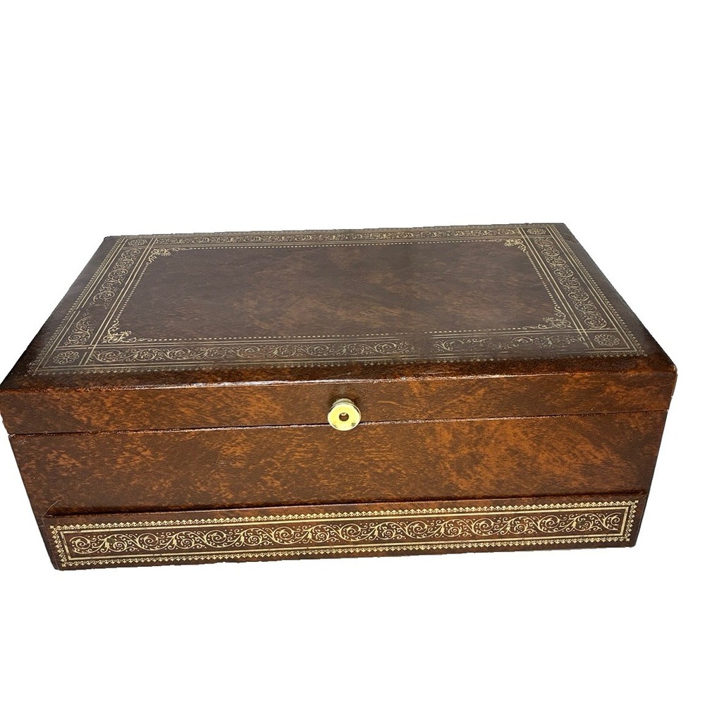 Vintage Brown Faux Leather 3 Tier Gold Velvet Lined Jewelry Box